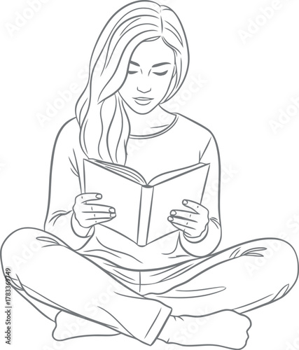 Young woman sitting cross legged reading a book sketch
