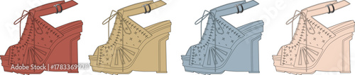 Fashion illustration set of a trendy open-toe wedge sandal with an ankle strap, shown in multiple color palettes and variations