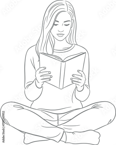 Young woman sitting cross legged reading an open book sketch