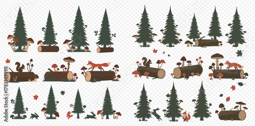 Collection of cartoon forest elements including pine trees, logs, mushrooms, and woodland animals like fox, squirrel, and deer, perfect for autumn designs.