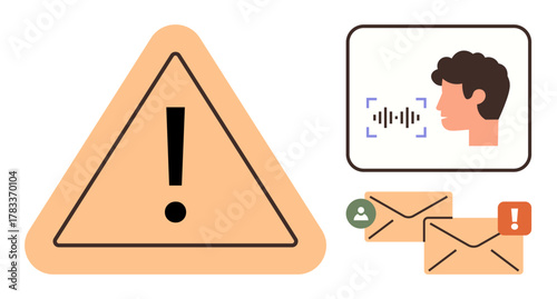 Warning sign, face with voice recognition interface, envelopes with alert symbols. Ideal for communication failure, caution, error, system notification, cybersecurity, spam filtering and digital