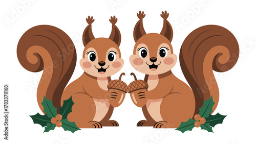 Playful Squirrels' Festive Gathering: A charming illustration depicts two squirrels holding acorns and a delightful holiday season.