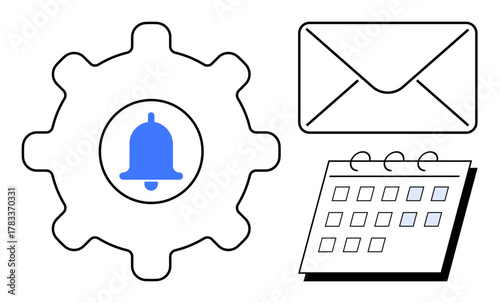 Gear with bell inside, envelope for email notifications, calendar for scheduling. Ideal for task management, reminders, automation, event planning, productivity, email alerts simple flat metaphor