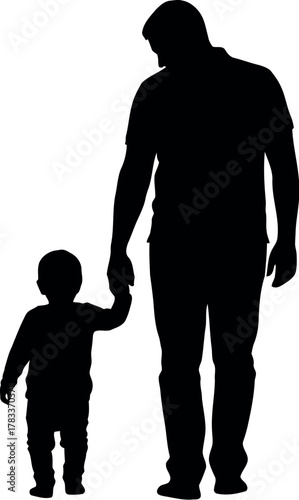 Father and child silhouette holding hands walking together