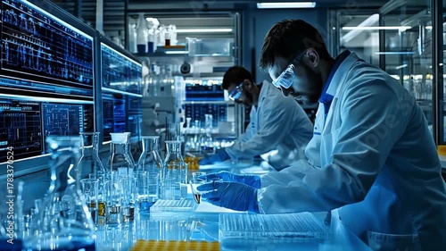 Two focused scientists in lab coats and safety glasses working with samples in a modern futuristic research laboratory illuminated by blue light and data displays symbolizing innovation.