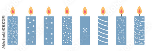 Set of eight candles isolated on  white background. Rectangular blue candles with white ornamentation, handmade. Delicate colors, Christmas mood, holiday. Flat design in vector.