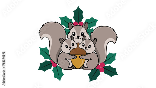Squirrel Family with Acorn Illustration: An adorable squirrel family, nestled amidst festive foliage, lovingly clutches a golden acorn.