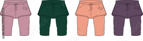 Four pairs of children's leggings with attached skirts in different colors, presented side-by-side