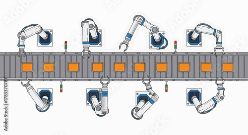 Robotic arms on an automated factory assembly line processing items.