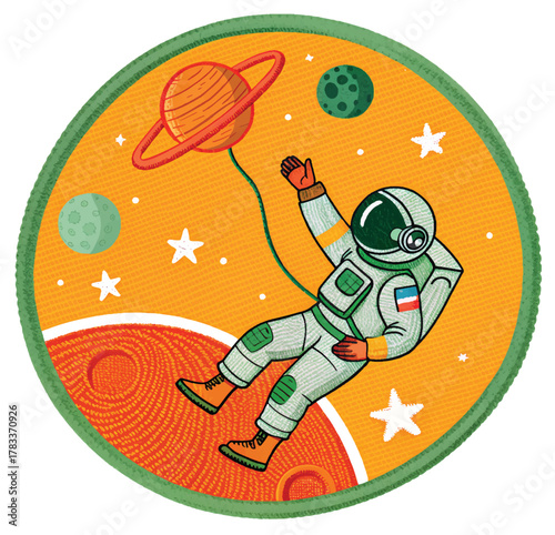 Whimsical astronaut floats joyfully through vibrant galaxy exploring planets and stars with playful wonder and adventurous spirit