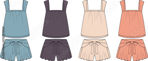 Set of women's pajama technical flat sketches. Cami top and shorts sleepwear collection in four colorways. Fashion vector illustration template for loungewear design