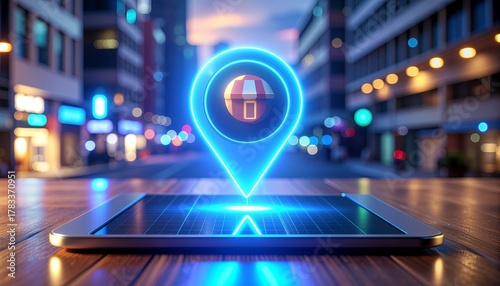 Find local stores with neon map pin on tablet in city at night, a modern way to shop local and support small business in a vibrant urban environment