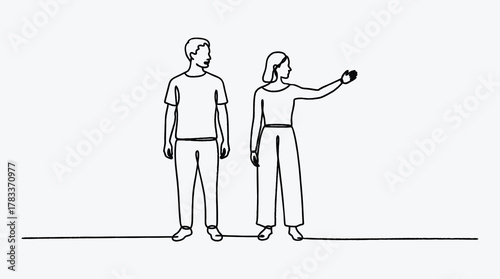 Minimalist line drawing of two people pointing at something together
