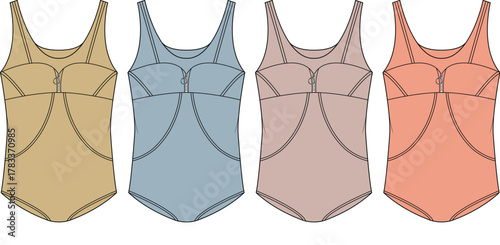 Vector illustration set of women's one-piece swimsuit technical flat sketches. Fashion apparel design concept with multiple color options