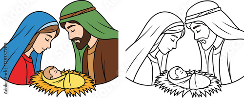 Mary and Joseph Gazing at Baby Jesus in Manger Nativity Scene Christmas Illustration