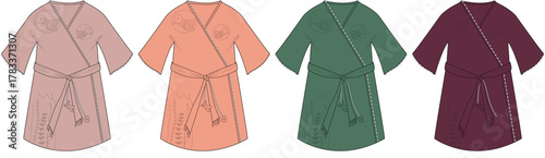 Collection of women's wrap dressing gowns in four color variations, an elegant loungewear design for home comfort and relaxation