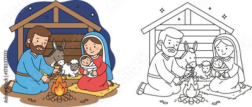 Nativity Scene with Holy Family, Baby Jesus, Mary, Joseph, and Animals Cartoon Christmas Illustration