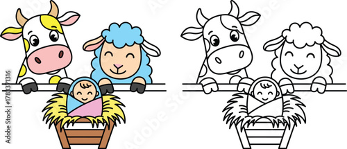 Cute Cartoon Nativity Scene with Baby Jesus, Cow, and Sheep Color and Black and White Outline