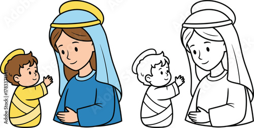 Young Mary and Baby Jesus with Haloes Cartoon Religious Figure Illustration