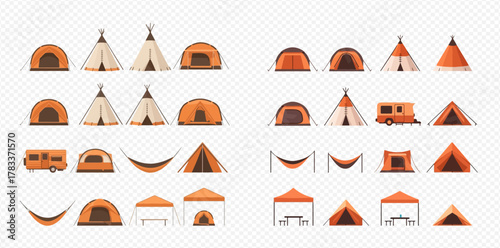 Collection of various camping tents, hammocks, and a camper trailer for outdoor adventures.
