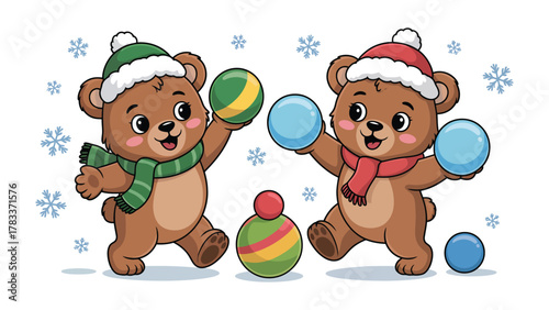 Winter Fun: Two playful cartoon bears engage in a spirited snowball fight, their adorable expressions and colorful attire evoking the cheerful spirit of winter. 