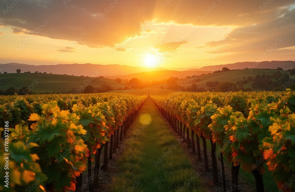Fototapeta premium Rows of grapevines glow under vibrant golden sunset. Green leaves cover vineyard, extending far into rural landscape. Distant rolling hills, mountains blend with vibrant sky colors. Peaceful
