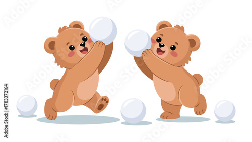 Snowball Fight of Joy: Two adorable bears playfully engage in a spirited snowball fight. This heartwarming scene captures the essence of winter fun and childhood innocence. 