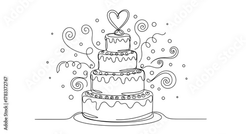 Vector illustration of elegant tiered wedding cake with heart topper