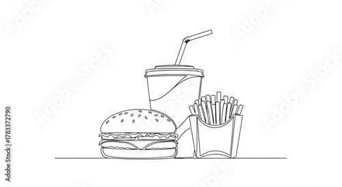 Vector illustration of fast food meal with burger, fries, and drink