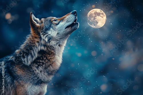 A majestic wolf howling at the moon in the mysterious night sky, showcasing the beauty and power of nature in a captivating and enchanting scene  