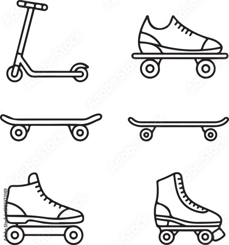One Line Drawing Skate Icons Set Kick Scooter Skateboard and Skating