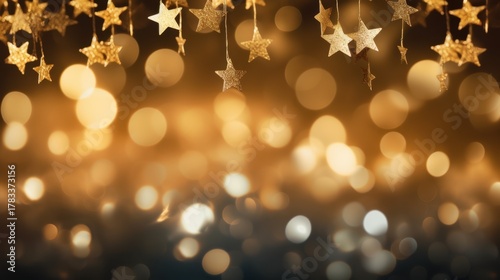 Golden star decorations with glowing bokeh lights in festive background