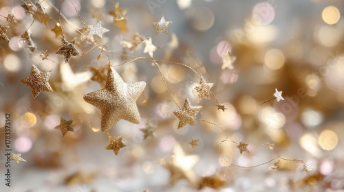 Golden glitter stars twinkling in soft bokeh light setting