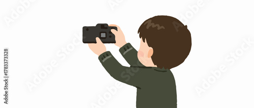 Młoda osoba z brązowymi włosami, stojąca tyłem, trzymająca aparat fotograficzny i robiąca zdjęcie, przedstawiona w minimalistycznym stylu wektorowym na białym tle.