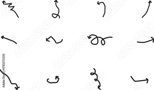 Set of Hand Drawn Doodle Arrows in Wavy, Spiral, Curly, and Curved Styles