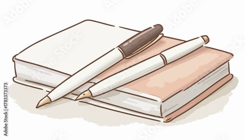 Urocza wektorowa ilustracja przedstawiająca dwa długopisy spoczywające na dwóch zamkniętych zeszytach, idealna do projektów edukacyjnych i biurowych.