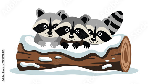 Cozy Raccoon Gathering on a Log: A charming illustration featuring three playful raccoons, perched together atop a snow-covered log, showcasing their friendly interaction.