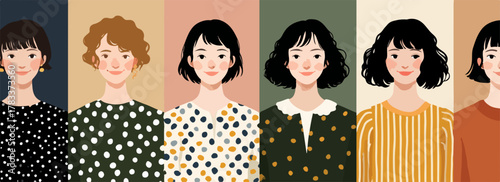 Kolekcja wektorowych portretów młodych kobiet o różnorodnych fryzurach i wzorzystych ubraniach, symbolizująca indywidualność oraz nowoczesny styl.