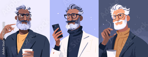 Trzy portrety stylowego, dojrzałego mężczyzny z siwą brodą i okularami, przedstawiające go w różnych codziennych sytuacjach, odzwierciedlające nowoczesny styl życia i elegancję.