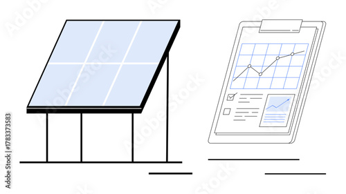 Solar panel next to a clipboard showing data charts and performance trends. Ideal for sustainability, energy efficiency, clean energy, innovation, data analysis, environmental planning, simple flat