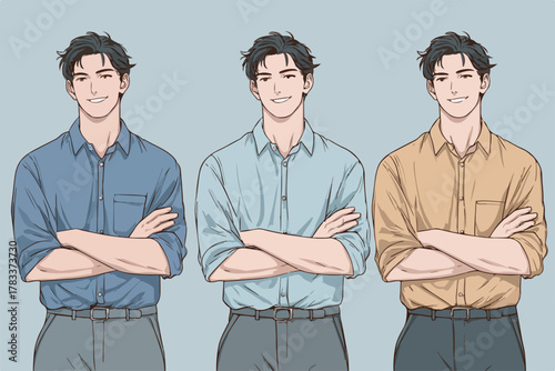 Trzy identyczne wektorowe ilustracje młodego mężczyzny w różnych koszulach, prezentujące opcje wyboru stroju z uśmiechem i pewnością siebie.