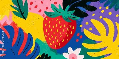 Colorful illustration of a vibrant strawberry surrounded by tropical leaves and flowers, perfect for summer designs and creative projects.