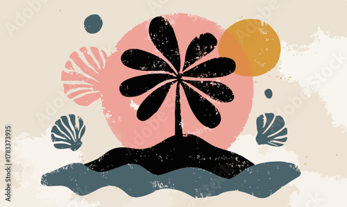 Abstract illustration of a tropical island with a palm tree, sun, and seashells in a minimalist style, perfect for summer.