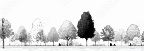 Rysunek wektorowy przedstawiający linię drzew w odcieniach szarości z wyraźnym czarnym drzewem na tle białego nieba