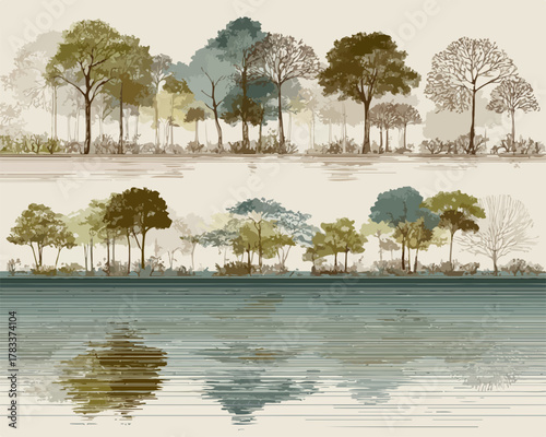 Wektorowa ilustracja przedstawiająca spokojny krajobraz lasu z odbijającymi się drzewami w wodzie, idealna jako element dekoracyjny lub tło.