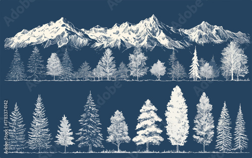 Wektorowa ilustracja przedstawiająca górski krajobraz z drzewami, idealna do projektów związanych z naturą i przygodą, z subtelnym, artystycznym stylem.