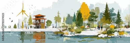 Ilustracja koncepcyjna zrównoważonego rozwoju miasta z wiatrakiem, budynkiem i zielenią nad wodą.