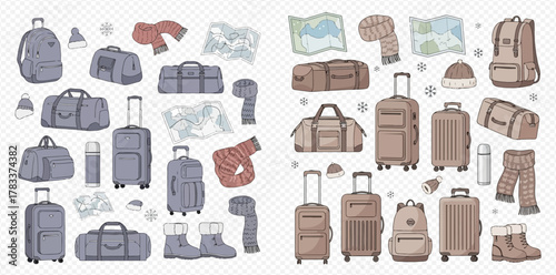 Flat lay illustration of winter travel essentials, including suitcases, backpacks, duffel bags, maps, scarves, hats, thermoses, and boots in two color variations.
