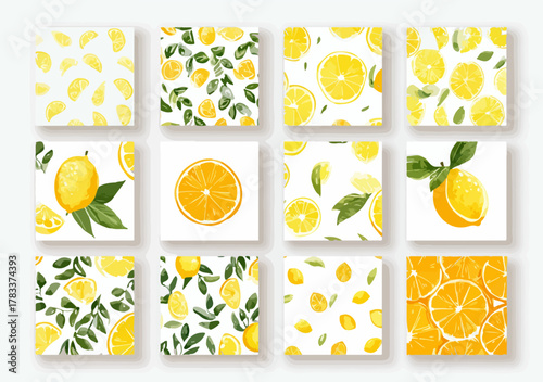Kolekcja akwarelowych wzorów z cytrynami i liśćmi, idealna do projektów graficznych i dekoracji.