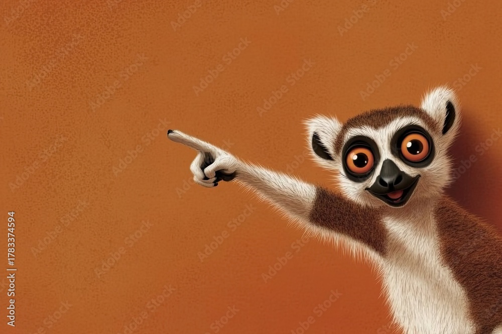 Obraz premium Lemur smiling, pointing finger to the side. Space for text. Solid color background. Cartoon look.